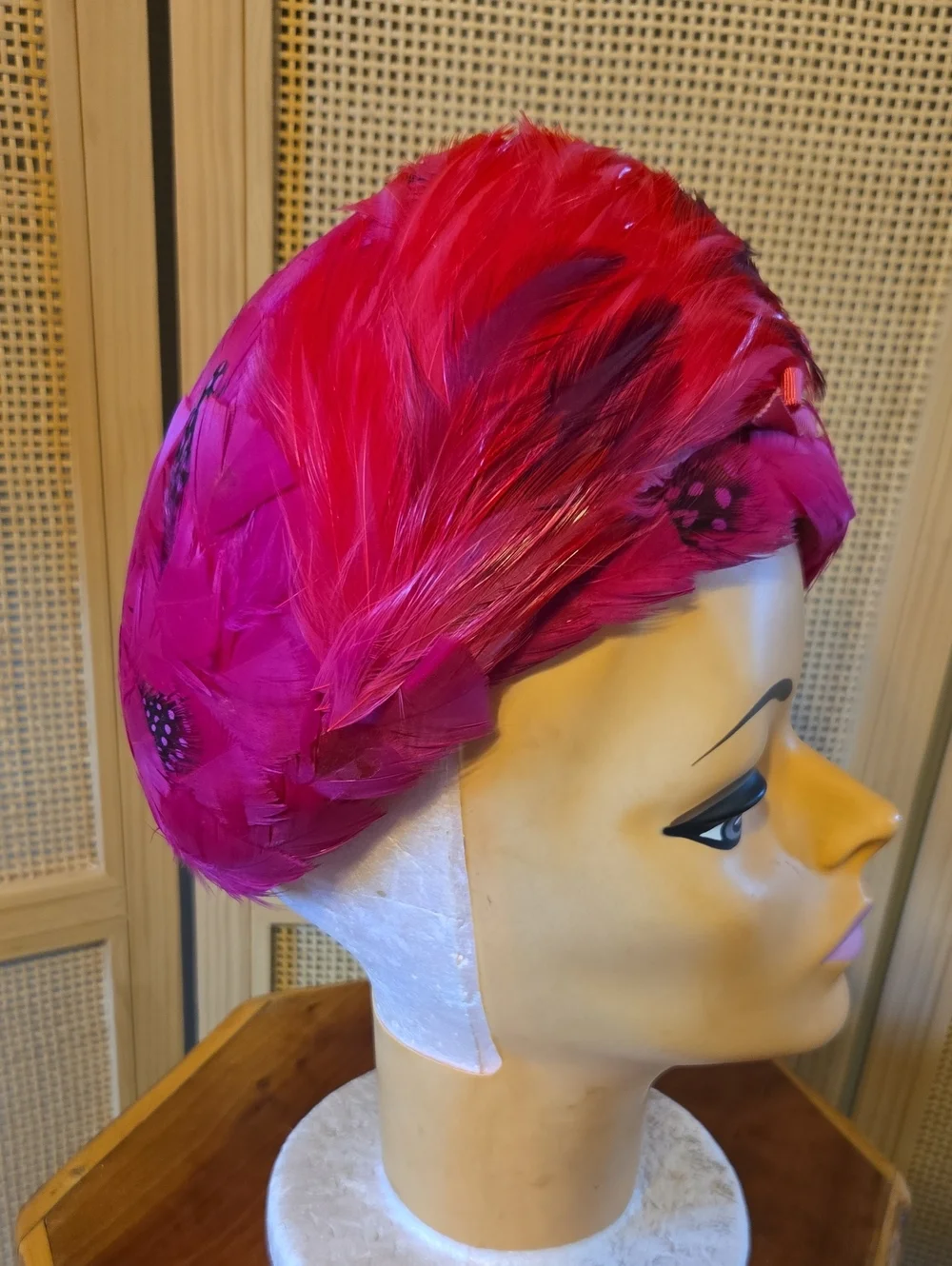 Vintage Feathered Hat Wool- Hot Pink Mid Century Unique